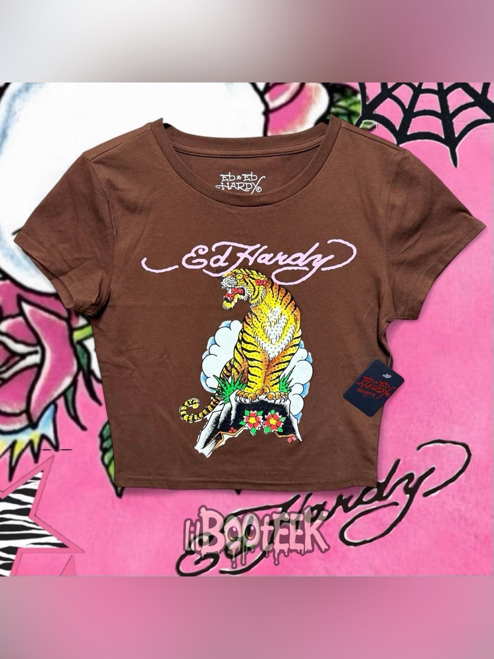 Ed Hardy SM Cocoa Brown Crop Tee Rhinestone Tiger Graphic and Pink Logo NwT Y2K